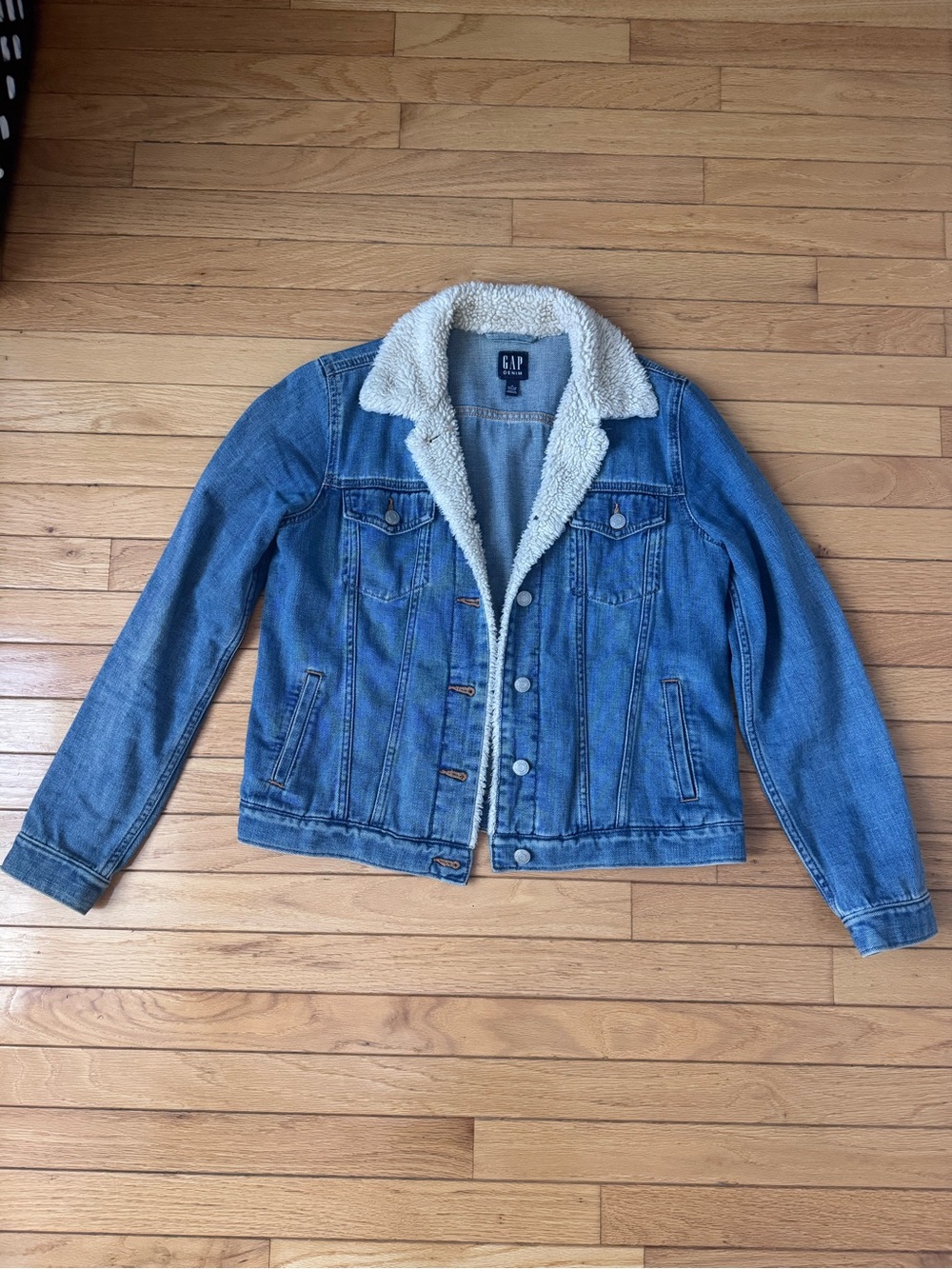 GAP Blue Denim Jacket with White Sherpa Collar
